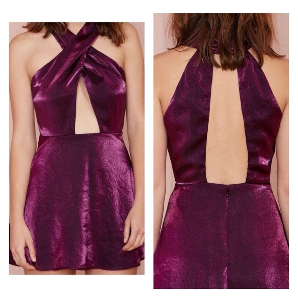 Nasty Gal Purple Metallic Cutout Open Back Mini Skater Dress XS NWT - Picture 5 of 12
